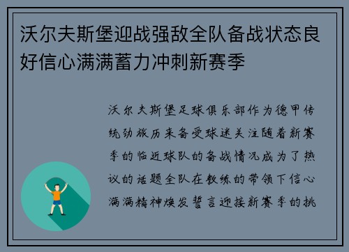 沃尔夫斯堡迎战强敌全队备战状态良好信心满满蓄力冲刺新赛季