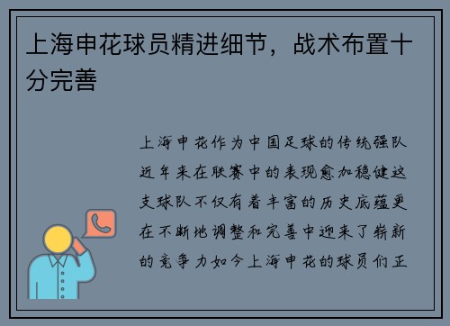 上海申花球员精进细节，战术布置十分完善