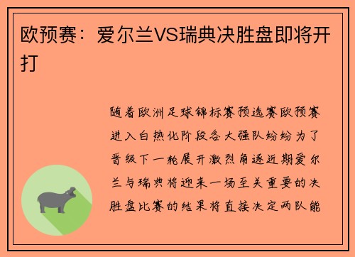 欧预赛：爱尔兰VS瑞典决胜盘即将开打