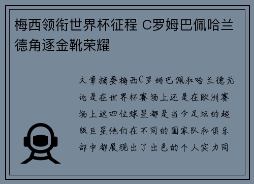 梅西领衔世界杯征程 C罗姆巴佩哈兰德角逐金靴荣耀