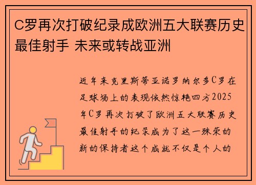 C罗再次打破纪录成欧洲五大联赛历史最佳射手 未来或转战亚洲